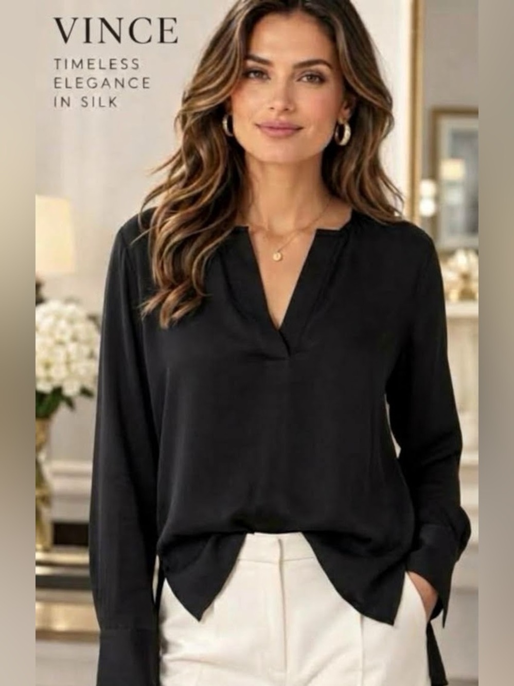 Vince Black V-Neck Long-Sleeve Blouse